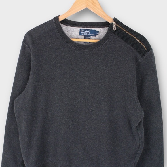 Polo Ralph Lauren Men's Crewneck Sweatshirt Shoulder Zip Elbow Patches Gray - Picture 2 of 5